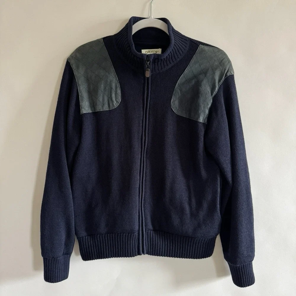 Orvis Mens 100% Wool Zip Up Jacket Suede Patches Medium Academia Blokecore Prep